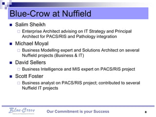 Blue-Crow at Nuffield
   Salim Sheikh
       Enterprise Architect advising on IT Strategy and Principal
        Architect for PACS/RIS and Pathology integration
   Michael Moyal
       Business Modelling expert and Solutions Architect on several
        Nuffield projects (Business & IT)
   David Sellers
       Business Intelligence and MIS expert on PACS/RIS project
   Scott Foster
       Business analyst on PACS/RIS project; contributed to several
        Nuffield IT projects




                     Our Commitment is your Success                    8
 
