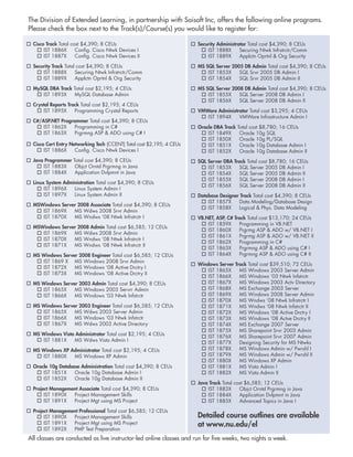 The Division of Extended Learning, in partnership with Saisoft Inc, offers the following online programs.
Please check the box next to the Track(s)/Course(s) you would like to register for:

  Cisco Track Total cost $4,390; 8 CEUs                                Security Administrator Total cost $4,390; 8 CEUs
       IST 1886X      Config. Cisco Ntwk Devices I                         IST 1888X      Securing Ntwk Infrstrctr/Comm
       IST 1887X      Config. Cisco Ntwk Devices II                        IST 1889X      Applctn Oprtnl & Org Security

  Security Track Total cost $4,390; 8 CEUs                             MS SQL Server 2005 DB Admin Total cost $4,390; 8 CEUs
      IST 1888X       Securing Ntwk Infrstrctr/Comm                        IST 1853X    SQL Srvr 2005 DB Admin I
      IST 1889X       Applctn Oprtnl & Org Security                        IST 1854X    SQL Srvr 2005 DB Admin II

  MySQL DBA Track Total cost $2,195; 4 CEUs                            MS SQL Server 2008 DB Admin Total cost $4,390; 8 CEUs
     IST 1893X     MySQL Database Admin                                    IST 1855X    SQL Server 2008 DB Admin I
                                                                           IST 1856X    SQL Server 2008 DB Admin II
  Crystal Reports Track Total cost $2,195; 4 CEUs
      IST 1895X      Programming Crystal Reports                       VMWare Administrator Total cost $3,295; 4 CEUs
                                                                          IST 1894X    VMWare Infrastructure Admin I
  C#/ASP.NET Programmer Total cost $4,390; 8 CEUs
      IST 1862X    Programming in C#                                   Oracle DBA Track   Total cost $8,780; 16 CEUs
      IST 1863X    Prgrmng ASP & ADO using C# I                            IST 1849X       Oracle 10g SQL
                                                                           IST 1850X       Oracle 10g PL/SQL
  Cisco Cert Entry Networking Tech (CCENT) Total cost $2,195; 4 CEUs       IST 1851X       Oracle 10g Database Admin I
       IST 1886X     Config. Cisco Ntwk Devices I                          IST 1852X       Oracle 10g Database Admin II
  Java Programmer Total cost $4,390; 8 CEUs                            SQL Server DBA Track Total cost $8,780; 16 CEUs
      IST 1883X    Objct Orntd Prgrmng in Java                             IST 1853X    SQL Server 2005 DB Admin I
      IST 1884X    Application Dvlpmnt in Java                             IST 1854X    SQL Server 2005 DB Admin II
                                                                           IST 1855X    SQL Server 2008 DB Admin I
  Linux System Administration Total cost $4,390; 8 CEUs
                                                                           IST 1856X    SQL Server 2008 DB Admin II
       IST 1896X   Linux System Admin I
       IST 1897X   Linux System Admin II                               Database Designer Track Total cost $4,390; 8 CEUs
                                                                           IST 1857X    Data Modeling/Database Design
  MSWindows Server 2008 Associate Total cost $4,390; 8 CEUs
                                                                           IST 1858X    Logical & Phys. Data Modeling
     IST 1869X   MS Wdws 2008 Srvr Admin
     IST 1870X   MS Wndws ‘08 Ntwk Infrstrctr I                        VB.NET, ASP, C# Track Total cost $13,170; 24 CEUs
                                                                           IST 1859X     Programming in VB.NET
  MSWindows Server 2008 Admin Total cost $6,585; 12 CEUs
                                                                           IST 1860X     Prgrmg ASP & ADO w/ VB.NET I
     IST 1869X   MS Wdws 2008 Srvr Admin
                                                                           IST 1861X     Prgrmg ASP & ADO w/ VB.NET II
     IST 1870X   MS Wndws ‘08 Ntwk Infrstrctr I
                                                                           IST 1862X     Programming in C#
     IST 1871X   MS Wndws ‘08 Ntwk Infrstrctr II
                                                                           IST 1863X     Prgrmng ASP & ADO using C# I
  MS Windows Server 2008 Engineer Total cost $6,585; 12 CEUs               IST 1864X     Prgrmng ASP & ADO using C# II
     IST 1869 X MS Windows 2008 Srvr Admin
                                                                       Windows Server Track Total cost $39,510; 72 CEUs
     IST 1872X    MS Windows ‘08 Active Drctry I
                                                                           IST 1865X    MS Windows 2003 Server Admin
     IST 1873X    MS Windows ‘08 Active Drctry II
                                                                           IST 1866X    MS Windows ‘03 Ntwk Infstrctr
  MS Windows Server 2003 Admin Total cost $4,390; 8 CEUs                   IST 1867X    MS Windows 2003 Actv Directory
     IST 1865X    MS Windows 2003 Servrr Admin                             IST 1868X    MS Exchange 2003 Server
     IST 1866X    MS Windows ‘03 Ntwk Infstrctr                            IST 1869X    MS Windows 2008 Server Admin
                                                                           IST 1870X    MS Wndws ‘08 Ntwk Infrstrctr I
  MS Windows Server 2003 Engineer Total cost $6,585; 12 CEUs               IST 1871X    MS Wndws ‘08 Ntwk Infstrctr II
     IST 1865X    MS Wdws 2003 Server Admin                                IST 1872X    MS Windows ‘08 Active Drctry I
     IST 1866X    MS Windows ‘03 Ntwk Infstrctr                            IST 1873X    MS Windows ‘08 Actve Drctry II
     IST 1867X    MS Wdws 2003 Active Directory                            IST 1874X    MS Exchange 2007 Server
                                                                           IST 1875X    MS Sharepoint Srvr 2003 Admin
  MS Windows Vista Administrator Total cost $2,195; 4 CEUs                 IST 1876X    MS Sharepoint Srvr 2007 Admin
     IST 1881X    MS Wdws Vista Admin I                                    IST 1877X    Designing Security for MS Ntwks
  MS Windows XP Administrator Total cost $2,195; 4 CEUs                    IST 1878X    MS Windows Admin w/ Pwrshl I
     IST 1880X   MS Windows XP Admin                                       IST 1879X    MS Windows Admin w/ Pwrshl II
                                                                           IST 1880X    MS Windows XP Admin
  Oracle 10g Database Administration Total cost $4,390; 8 CEUs             IST 1881X    MS Vista Admin I
      IST 1851X    Oracle 10g Database Admin I                             IST 1882X    MS Vista Admin II
      IST 1852X    Oracle 10g Database Admin II
                                                                       Java Track Total cost $6,585; 12 CEUs
  Project Management Associate Total cost $4,390; 8 CEUs                   IST 1883X      Objct Orntd Prgrmng in Java
       IST 1890X  Project Management Skills                                IST 1884X      Application Dvlpmnt in Java
       IST 1891X  Project Mgt using MS Project                             IST 1885X      Advanced Topics in Java I
  Project Management Professional Total cost $6,585; 12 CEUs
       IST 1890X  Project Management Skills                            Detailed course outlines are available
       IST 1891X  Project Mgt using MS Project                         at www.nu.edu/el
       IST 1892X  PMP Test Preparation
All classes are conducted as live instructor-led online classes and run for five weeks, two nights a week.
 