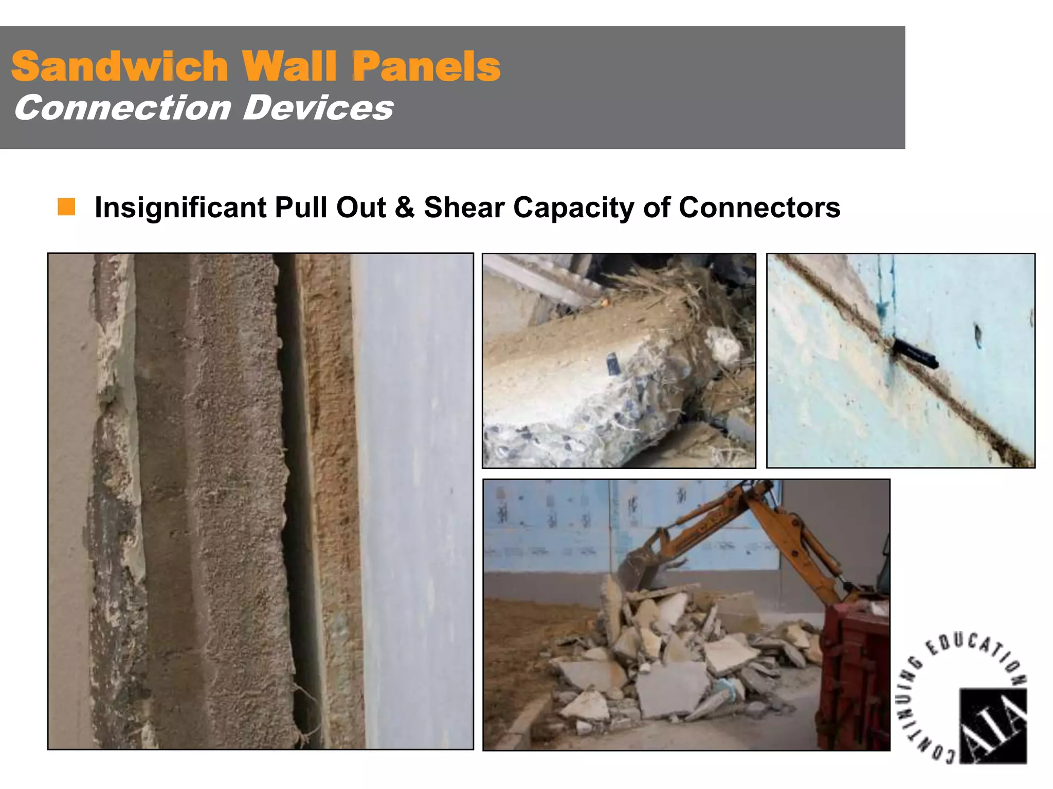 Sandwich Wall Panels
Connection Devices

 Insignificant Pull Out & Shear Capacity of Connectors

 
