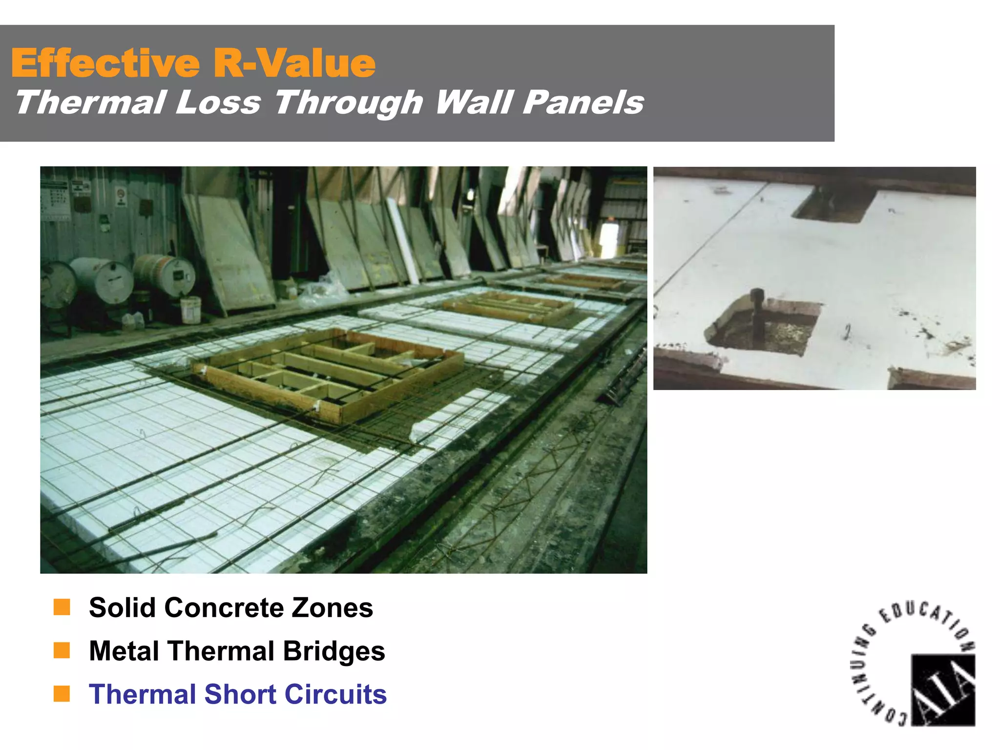 Effective R-Value

Thermal Loss Through Wall Panels

 Solid Concrete Zones
 Metal Thermal Bridges
 Thermal Short Circuits

 