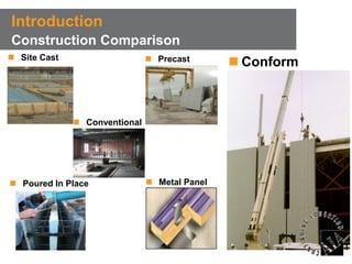 Introduction
Construction Comparison
 Site Cast

 Precast

 Conventional

 Poured In Place

 Metal Panel

 Conform

 