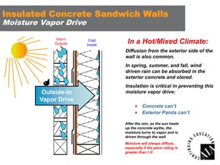 Insulated Concrete Sandwich Walls
Moisture Vapor Drive
Warm
Outside

Cold
Inside

In a Hot/Mixed Climate:
Diffusion from the exterior side of the
wall is also common.
In spring, summer, and fall, wind
driven rain can be absorbed in the
exterior concrete and stored.

Outside-In
Vapor Drive

Insulation is critical in preventing this
moisture vapor drive:
 Concrete can’t
 Exterior Paints can’t
After the rain, as the sun heats
up the concrete wythe, the
moisture turns to vapor and is
driven through the wall
Moisture will always diffuse,
especially if the perm rating is
greater than 1.0

 