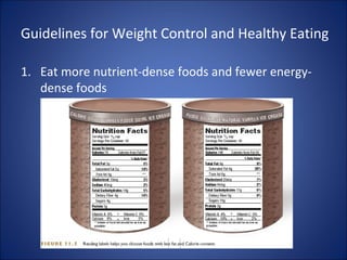 Guidelines for Weight Control and Healthy Eating
1. Eat more nutrient-dense foods and fewer energy-
dense foods
 