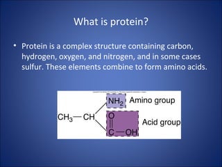 What is protein?
• Protein is a complex structure containing carbon,
hydrogen, oxygen, and nitrogen, and in some cases
sulfur. These elements combine to form amino acids.
 