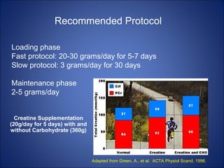 Loading phase
Fast protocol: 20-30 grams/day for 5-7 days
Slow protocol: 3 grams/day for 30 days
Maintenance phase
2-5 grams/day
Recommended Protocol
Creatine Supplementation
(20g/day for 5 days) with and
without Carbohydrate (360g)
Adapted from Green, A., et al. ACTA Physiol Scand, 1996.
 