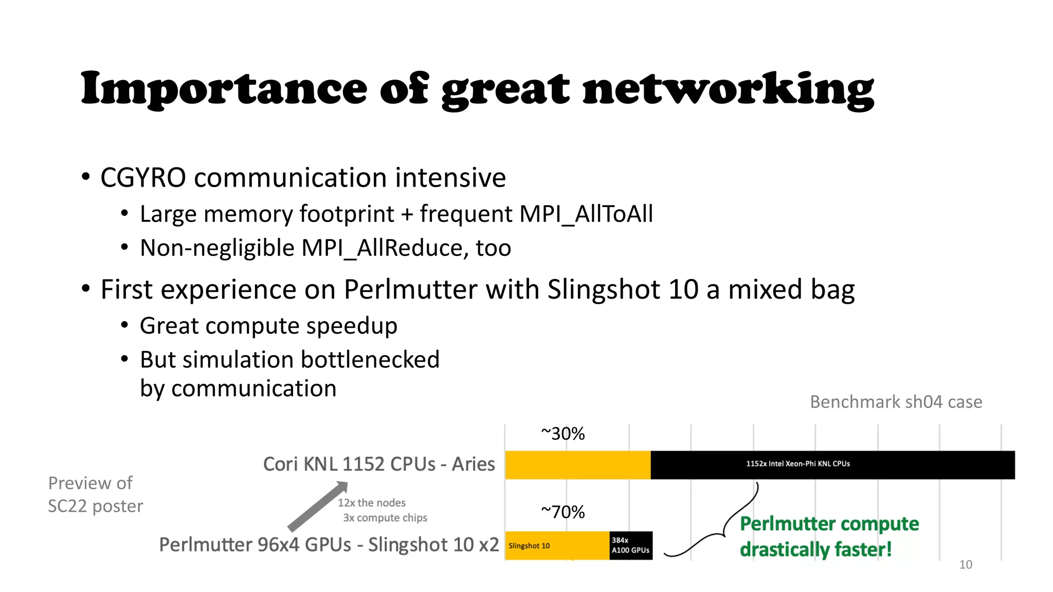 Importance of great networking
• CGYRO communication intensive
• Large memory footprint + frequent MPI_AllToAll
• Non-negligible MPI_AllReduce, too
• First experience on Perlmutter with Slingshot 10 a mixed bag
• Great compute speedup
• But simulation bottlenecked
by communication
~30%
~70%
Benchmark sh04 case
10
Preview of
SC22 poster
 