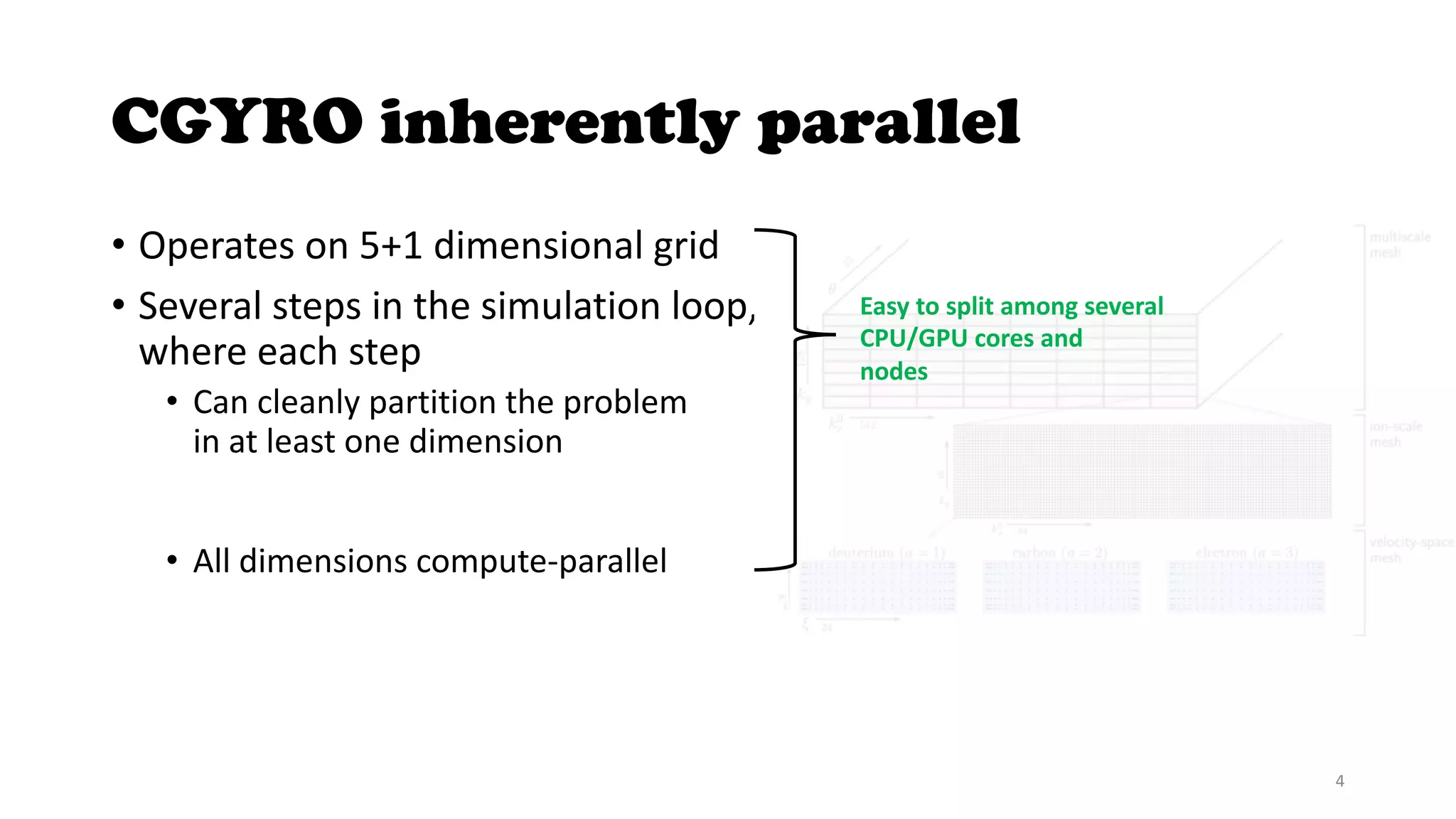 CGYRO inherently parallel
• Operates on 5+1 dimensional grid
• Several steps in the simulation loop,
where each step
• Can cleanly partition the problem
in at least one dimension
• But no one-dimension in common
between all of them
• All dimensions compute-parallel
• But some dimension may rely
on neighbor data from previous step
Easy to split among several
CPU/GPU cores and
nodes
4
 