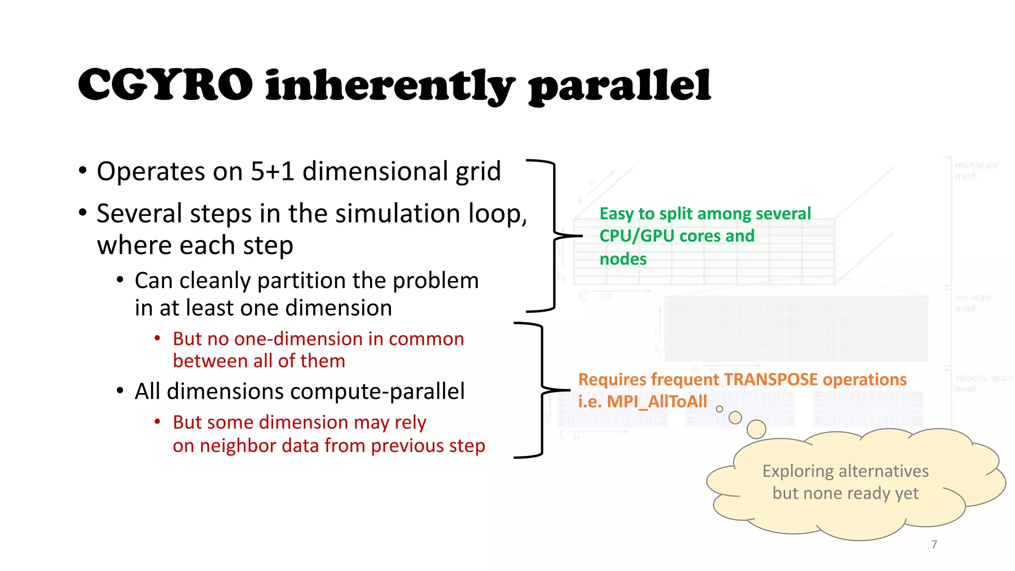 CGYRO inherently parallel
• Operates on 5+1 dimensional grid
• Several steps in the simulation loop,
where each step
• Can cleanly partition the problem
in at least one dimension
• But no one-dimension in common
between all of them
• All dimensions compute-parallel
• But some dimension may rely
on neighbor data from previous step
Requires frequent TRANSPOSE operations
i.e. MPI_AllToAll
Easy to split among several
CPU/GPU cores and
nodes
Exploring alternatives
but none ready yet
7
 