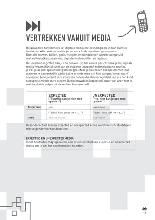 VERTREKKEN VANUIT MEDIA
                Bij NuGames hanteren we de ‘digitale media en technologieën’ in hun ruimste
                betekenis. Alles wat de laatste jaren extra in de speeltuin geslopen is.
                Dus: alle touwen, ballen, goals, vliegers en blinddoeken worden aangevuld
                met walkietalkies, scanners, digitale fototoestellen en laptops.
                De speeltuin is groter dan je zou denken. Op het eerste gezicht denk je bij ‘digitale
                media’ waarschijnlijk snel aan de evidente (expected) technologische snufjes,
                je ziet je al snel spelen met gsm en gps. Maar je kan zeker ook spelen met spul
                waarvan je aanvankelijk dacht dat je er niets mee aan kon vangen, ‘onverwacht’
                speelgoed (unexpected) dus. Zoals die ouders die dan verwonderd zijn als hun kind
                niet speelt met de dure nieuwe Duplo bouwdoos (expected), maar wel uren zoet is
                met de plastic potjes uit de keuken (unexpected).


                                  EXPECTED                          UNEXPECTED
                                  (“Tuurlijk kan je hier mee        (“He, hier kan je ook mee
                                  spelen!”)                         spelen!”)
                  Materiaal       gsm                               haardroger

                                  (“dient toch zeker om te...”)     (“dient toch niet om te...”)

                  Actie           sms’jes sturen                    verstoppen

                Het onderscheid tussen expected en unexpected acties wordt wellicht duidelijker
                met volgende voorbeeldtabellen.


                EXPECTED EN UNEXPECTED MEDIA
                In het hoofdstuk Play! geven we een brainstormlijst van expected en unexpected
                media om je aan het spelen maken te zetten.




                                                                                                                13



BINNENPAGINAS_DEF.indd 13                                                                               4/9/10 3:55:16 PM
 