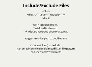 Include/Exclude FilesInclude/Exclude Files
<ﬁles>
<ﬁle src="" target="" exclude="" />
</ﬁles>
src -> location of ﬁles.
* wildcard is allowed.
** wildcard recursive directory search.
target -> relative path to put ﬁles into
exclude -> ﬁle(s) to exclude.
can contain semi-colon delimited list or ﬁle pattern
can use * and ** wildcards
 