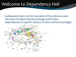  (wikipedia):A term for the frustration of the software users
who have installed software packages which have
dependencies on specific versions of other software packages.
Welcome to Dependency Hell
 