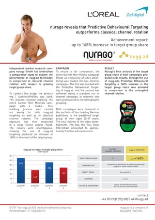 nurago reveals that Predictive Behavioural Targeting
                                                            outperforms classical channel rotation
                                                                                       Achievement report:
                                                                  up to 168% increase in target group share




Independent market research com-                   CAMPAIGN                                     RESULT
pany nurago GmbH has undertaken                    To ensure a fair comparison, the             Nurago’s final analysis of the target
a comparative study to explore the                 entire Garnier Men Mineral campaign          group reach of both campaigns pro-
performance of nugg.ad technology                  (made up exclusively of video adver-         duced clear results. Through the use
in comparison to classical channel                 tising) was divided into two identical       of nugg.ad‘s Predictive Behavioural
rotation with respect to growing                   campaigns. The first was marked with         Targeting a 168% increase in the
target group share.                                the Predictive Behavioural Target-           target group reach was achieved
                                                   ing of nugg.ad, and the second was           in comparison to the untargeted
To conduct this study, the product                 delivered using a standard run of            channel rotation.
nrg | AudienceProfiles was used.                   channel campaign, in channels that
The process involved marking the                   were predisposed to the demographic
entire Garnier Men Minerals cam-                   grouping.
paign    with    a    ’cookie‘.    This
marking     process     was     carried            Both campaigns were delivered in
out evenly for both nugg.ad                        the portfolio of four leading German
targeting as well as in classical                  publishers to the predefined target
channel rotation. The campaign                     group of men aged 20-39 years.
exposure was then measured                         The total volume of the video adver-
in a large Online Access Panel.                    tisements (Pre-Roll, Mid-Roll, Video
The results were unambiguous,                      Interstitial) amounted to approxi-
showing the use of nugg.ad                         mately 9 million ad impressions.
targeting produced an increase of
168% in the reach of the target group.



              nugg.ad increases in target group share                                               CLASSIC                          nugg.ad TARGETING
                             (index figures)                                                    CHANNEL ROTATION

300

250
                                                                       TARGET GROUP SHARE                X                             up to   +168%
        268                                                                                       Comparison of effectiveness in reaching target groups:
200                                                                      CAMPAIGN GOAL                    nugg.ad vs. classic channel rotation
                                           236
150
                                                                          TARGET GROUP                                 Men aged 20-39
100                                                     169
                       147
 50                                                                         DURATION                                      4 weeks

 0
                                                                                                             Approx. 9 million ad impressions:
      publisher      publisher         publisher      publisher        VOLUME & ADVERTISING                  pre-roll, mid-roll, video interstitial
          1              2                 3              4



                                                                                                                         contact
                                                                                              +44 (0) 2031 785 087 | uk@nugg.ad

© 2011 by nugg.ad AG | predictive behavioral targeting                                                                 nugg.ad is a company of
Rotherstrasse 16 | 10245 Berlin                                                                                        Deutsche Post DHL
 