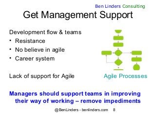 @BenLinders - benlinders.com 8
Ben Linders Consulting
Get Management Support
Development flow & teams
• Resistance
• No be...