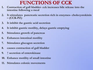 FUNCTIONS OF CCK
1. Contraction of gall bladder- cck increases bile release into the
intestine following a meal
2. It stimulates pancreatic secretion rich in enzymes- cholecystokinin
– (CCK-PZ)
3. It inhibit the gastric acid secretion
4. It inhibit gastric motility, delays gastric emptying
5. Stimulates growth of pancreas
6. Enhances intestinal motility
7. Stimulates glucagon secretion
8. causes contraction of gall bladder
9. ↑ secretion of enterokinase
10. Enhance motility of small intestine
11. Stimulates colonic movements
 