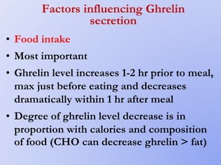 Factors influencing Ghrelin
secretion
• Food intake
• Most important
• Ghrelin level increases 1-2 hr prior to meal,
max just before eating and decreases
dramatically within 1 hr after meal
• Degree of ghrelin level decrease is in
proportion with calories and composition
of food (CHO can decrease ghrelin > fat)
 