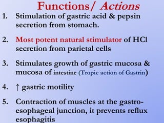 Functions/ Actions
1. Stimulation of gastric acid & pepsin
secretion from stomach.
2. Most potent natural stimulator of HCl
secretion from parietal cells
3. Stimulates growth of gastric mucosa &
mucosa of intestine (Tropic action of Gastrin)
4. ↑ gastric motility
5. Contraction of muscles at the gastro-
esophageal junction, it prevents reflux
esophagitis
 