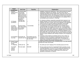 8/7/2008 149
Head/
Component
Unit Cost Total No. Explanation
hardware,
software and &
recurrent)
9.2 Disease
surveillance
9.3 Family
Health Card
(Smart Card) &
health tracking
of urban poor
9.4 Evaluations
& surveys
Rs.50,000 capital
cost per data
centre (PUHC/
state/ central HQ),
apart from similar
Rs.50,000 per year
per centre for
operations,
meetings, etc.
Link with IDSP
Rs.25 per family
(Rs.150 per family
for a average
family of 5)
Rs.20 lakhs per
evaluation per city
---
1 crore families
One baseline and one
end-line evaluation per
city, 430 cities
installation, training and maintenance. There is also provision for annual
maintenance, stationery and meetings. This will be done under an
integrated web-based computer based HMIS, where each PUHC will act
as the information centres. The training can be pooled by the cities at the
state level of greater economies and feasibility, but the choice of pooling
or leaving each city to its own, will be dependent on the detailed PIPs to
be developed as per component 1 (Planning).
• For disease surveillance, especially to generate timely response to any
disease outbreak in the slums as well as among the vulnerable groups,
integration with IDSP is sought, which will be integration at the operations
level and would not entail any additional expenditure under NUHM.
• For tracking of the shifting urban population of the slums and the
vulnerable groups and to ensure that they receive complete range of
services like ANC, immunisation, DOTS, ART, etc., it is proposed that
they be issued Family Health Cards (Smart Card), and the data of these
individual health cards will be captured in a database which will be shared
between all the cities nationwide, through a networked database of such
family health data. The provision for this is Rs. 150 per family (in line with
the provisions for Smart Card made under Insurance Scheme launched by
Ministry of Labour Welfare for BPL families of workers in the unorganized
sector).
• A provision of Rs.20 lakhs per evaluation study per city is made. It is
expected that there will at least be a baseline survey and an end-line
evaluation of various programmes under NUHM. The provision for
dissemination workshops and publications for such surveys/evaluation
studies is included in the provision mentioned above.
10. Special Program
for Vulnerable
Groups
10.1 Mapping
10.2 Health
cards for
cashless
services
2 lakhs per city
Rs.5 per capita
430
50,00,000
To target special interventions on the vulnerable groups in the cities following
provisions are made under NUHM:
• Rs.2 lakhs per city for mapping of the vulnerable groups (one time).
• Rs.5 per capita (one time) for an estimated 50 lakhs population of such
vulnerable population in the city (10% of the urban slum population that
does not reside in the slums), for a system of Health Cards for such
individuals (similar to the Family Health Cards for the urban slum
population as described in 9.6 above).
 