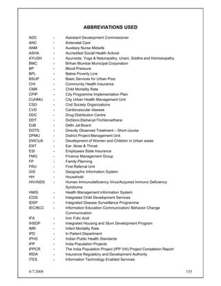 8/7/2008 155
ABBREVIATIONS USED
ADC - Assistant Development Commissioner
ANC - Antenatal Care
ANM - Auxiliary Nurse Midwife
ASHA - Accredited Social Health Activist
AYUSH - Ayurveda, Yoga & Naturopathy, Unani, Siddha and Homoeopathy
BMC - Brihan Mumbai Municipal Corporation
BP - Blood Pressure
BPL - Below Poverty Line
BSUP - Basic Services for Urban Poor
CHI - Community Health Insurance
CMR - Child Mortality Rate
CPIP - City Programme Implementation Plan
CUHMU - City Urban Health Management Unit
CSO - Civil Society Organizations
CVD - Cardiovascular disease
DDC - Drug Distribution Centre
DDT - Dichloro-Diphenyl-Trichloroethane
DJB - Delhi Jal Board
DOTS - Directly Observed Treatment – Short course
DPMU - District Project Management Unit
DWCUA - Development of Women and Children in Urban areas
ENT - Ear, Nose & Throat
ESI - Employees State Insurance
FMG - Finance Management Group
FP - Family Planning
FRU - First Referral Unit
GIS - Geographic Information System
HH - Household
HIV/AIDS - Human Immunodeficiency Virus/Acquired Immuno Deficiency
Syndrome
HMIS - Health Management Information System
ICDS - Integrated Child Development Services
IDSP - Integrated Disease Surveillance Programme
IEC/BCC - Information Education Communication/ Behavior Change
Communication
IFA - Iron Folic Acid
IHSDP - Integrated Housing and Slum Development Program
IMR - Infant Mortality Rate
IPD - In Patient Department
IPHS - Indian Public Health Standards
IPP - India Population Projects
IPPCR - The India Population Project (IPP VIII) Project Completion Report
IRDA - Insurance Regulatory and Development Authority
ITES - Information Technology Enabled Services
 