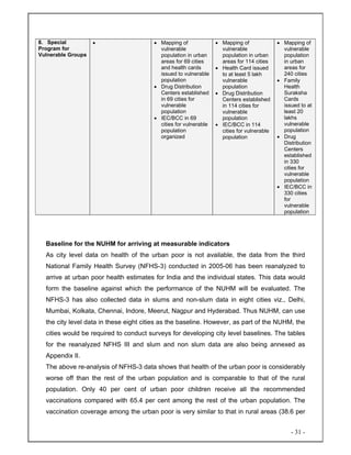 - 31 -
8. Special
Program for
Vulnerable Groups
• • Mapping of
vulnerable
population in urban
areas for 69 cities
and health cards
issued to vulnerable
population
• Drug Distribution
Centers established
in 69 cities for
vulnerable
population
• IEC/BCC in 69
cities for vulnerable
population
organized
• Mapping of
vulnerable
population in urban
areas for 114 cities
• Health Card issued
to at least 5 lakh
vulnerable
population
• Drug Distribution
Centers established
in 114 cities for
vulnerable
population
• IEC/BCC in 114
cities for vulnerable
population
• Mapping of
vulnerable
population
in urban
areas for
240 cities
• Family
Health
Suraksha
Cards
issued to at
least 20
lakhs
vulnerable
population
• Drug
Distribution
Centers
established
in 330
cities for
vulnerable
population
• IEC/BCC in
330 cities
for
vulnerable
population
Baseline for the NUHM for arriving at measurable indicators
As city level data on health of the urban poor is not available, the data from the third
National Family Health Survey (NFHS-3) conducted in 2005-06 has been reanalyzed to
arrive at urban poor health estimates for India and the individual states. This data would
form the baseline against which the performance of the NUHM will be evaluated. The
NFHS-3 has also collected data in slums and non-slum data in eight cities viz., Delhi,
Mumbai, Kolkata, Chennai, Indore, Meerut, Nagpur and Hyderabad. Thus NUHM, can use
the city level data in these eight cities as the baseline. However, as part of the NUHM, the
cities would be required to conduct surveys for developing city level baselines. The tables
for the reanalyzed NFHS III and slum and non slum data are also being annexed as
Appendix II.
The above re-analysis of NFHS-3 data shows that health of the urban poor is considerably
worse off than the rest of the urban population and is comparable to that of the rural
population. Only 40 per cent of urban poor children receive all the recommended
vaccinations compared with 65.4 per cent among the rest of the urban population. The
vaccination coverage among the urban poor is very similar to that in rural areas (38.6 per
 