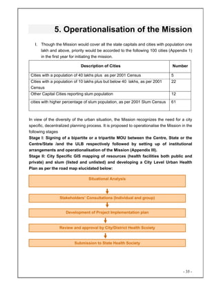 - 35 -
5. Operationalisation of the Mission
I. Though the Mission would cover all the state capitals and cities with population one
lakh and above, priority would be accorded to the following 100 cities (Appendix 1)
in the first year for initiating the mission.
Description of Cities Number
Cities with a population of 40 lakhs plus as per 2001 Census 5
Cities with a population of 10 lakhs plus but below 40 lakhs, as per 2001
Census
22
Other Capital Cities reporting slum population 12
cities with higher percentage of slum population, as per 2001 Slum Census 61
In view of the diversity of the urban situation, the Mission recognizes the need for a city
specific, decentralized planning process. It is proposed to operationalise the Mission in the
following stages
Stage I: Signing of a bipartite or a tripartite MOU between the Centre, State or the
Centre/State /and the ULB respectively followed by setting up of institutional
arrangements and operationalisation of the Mission (Appendix III).
Stage II: City Specific GIS mapping of resources (health facilities both public and
private) and slum (listed and unlisted) and developing a City Level Urban Health
Plan as per the road map elucidated below:
Situational Analysis
Stakeholders’ Consultations (Individual and group)
Development of Project Implementation plan
Review and approval by City/District Health Scoiety
Submission to State Health Society
 