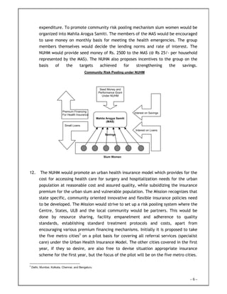 - 6 -
expenditure. To promote community risk pooling mechanism slum women would be
organized into Mahila Arogya Samiti. The members of the MAS would be encouraged
to save money on monthly basis for meeting the health emergencies. The group
members themselves would decide the lending norms and rate of interest. The
NUHM would provide seed money of Rs. 2500 to the MAS (@ Rs 25/- per household
represented by the MAS). The NUHM also proposes incentives to the group on the
basis of the targets achieved for strengthening the savings.
12. The NUHM would promote an urban health insurance model which provides for the
cost for accessing health care for surgery and hospitalization needs for the urban
population at reasonable cost and assured quality, while subsidizing the insurance
premium for the urban slum and vulnerable population. The Mission recognizes that
state specific, community oriented innovative and flexible insurance policies need
to be developed. The Mission would strive to set up a risk pooling system where the
Centre, States, ULB and the local community would be partners. This would be
done by resource sharing, facility empanelment and adherence to quality
standards, establishing standard treatment protocols and costs, apart from
encouraging various premium financing mechanisms. Initially it is proposed to take
the five metro cities3
on a pilot basis for covering all referral services (specialist
care) under the Urban Health Insurance Model. The other cities covered in the first
year, if they so desire, are also free to devise situation appropriate insurance
scheme for the first year, but the focus of the pilot will be on the five metro cities.
3
Delhi, Mumbai, Kolkata, Chennai, and Bengaluru
Community Risk Pooling under NUHM
Mahila Arogya Samiti
(MAS)
Savings
Interest on Loans
Interest on Savings
Small Loans
Premium Financing
For Health Insurance
Seed Money and
Performance Grant
Under NUHM
Slum Women
 