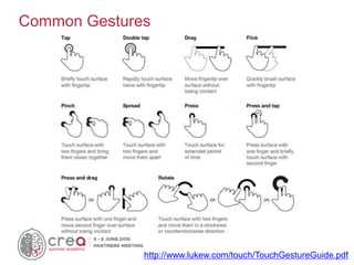 http://www.lukew.com/touch/TouchGestureGuide.pdf
Common Gestures
 