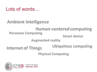 Lots of words…
Ambient Intelligence
Internet of Things
Pervasive Computing
Physical Computing
Ubiquitous computing
Augmented reality
Human-centered computing
Smart device
 
