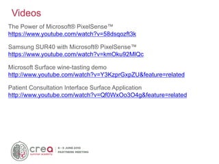 The Power of Microsoft® PixelSense™
https://www.youtube.com/watch?v=58dsqozft3k
Samsung SUR40 with Microsoft® PixelSense™
https://www.youtube.com/watch?v=kmOku92MlQc
Microsoft Surface wine-tasting demo
http://www.youtube.com/watch?v=Y3KzprGxpZU&feature=related
Patient Consultation Interface Surface Application
http://www.youtube.com/watch?v=Qf0WxOo3O4g&feature=related
Videos
 