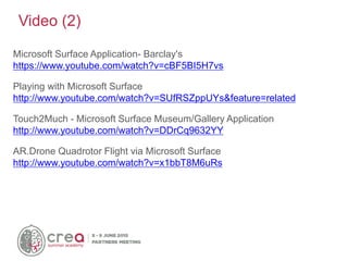 Microsoft Surface Application- Barclay's
https://www.youtube.com/watch?v=cBF5BI5H7vs
Playing with Microsoft Surface
http://www.youtube.com/watch?v=SUfRSZppUYs&feature=related
Touch2Much - Microsoft Surface Museum/Gallery Application
http://www.youtube.com/watch?v=DDrCq9632YY
AR.Drone Quadrotor Flight via Microsoft Surface
http://www.youtube.com/watch?v=x1bbT8M6uRs
Video (2)
 