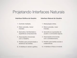 Interface Gráﬁca do Usuário Interface Natural do Usuário
1. Controle mediado;

2. Maior precisão, menor
imersão;

3. Aproveita a familiaridade e
experiência computacional;

4. Associações emocionais
com o trabalho;

5. Perfeito para produtividade e
eﬁciência nas tarefas;

6. A interface é visível e gráﬁca.
1. Manipulação direta;

2. Menor precisão, maior
imersão;

3. Aproveita as suposições do
usuário e conclusões lógicas;

4. Associações emocionais
com o entretenimento;

5. Perfeito para tarefas sociais e
colaborativas;

6. A interface é física e invisível.
Projetando Interfaces Naturais
 