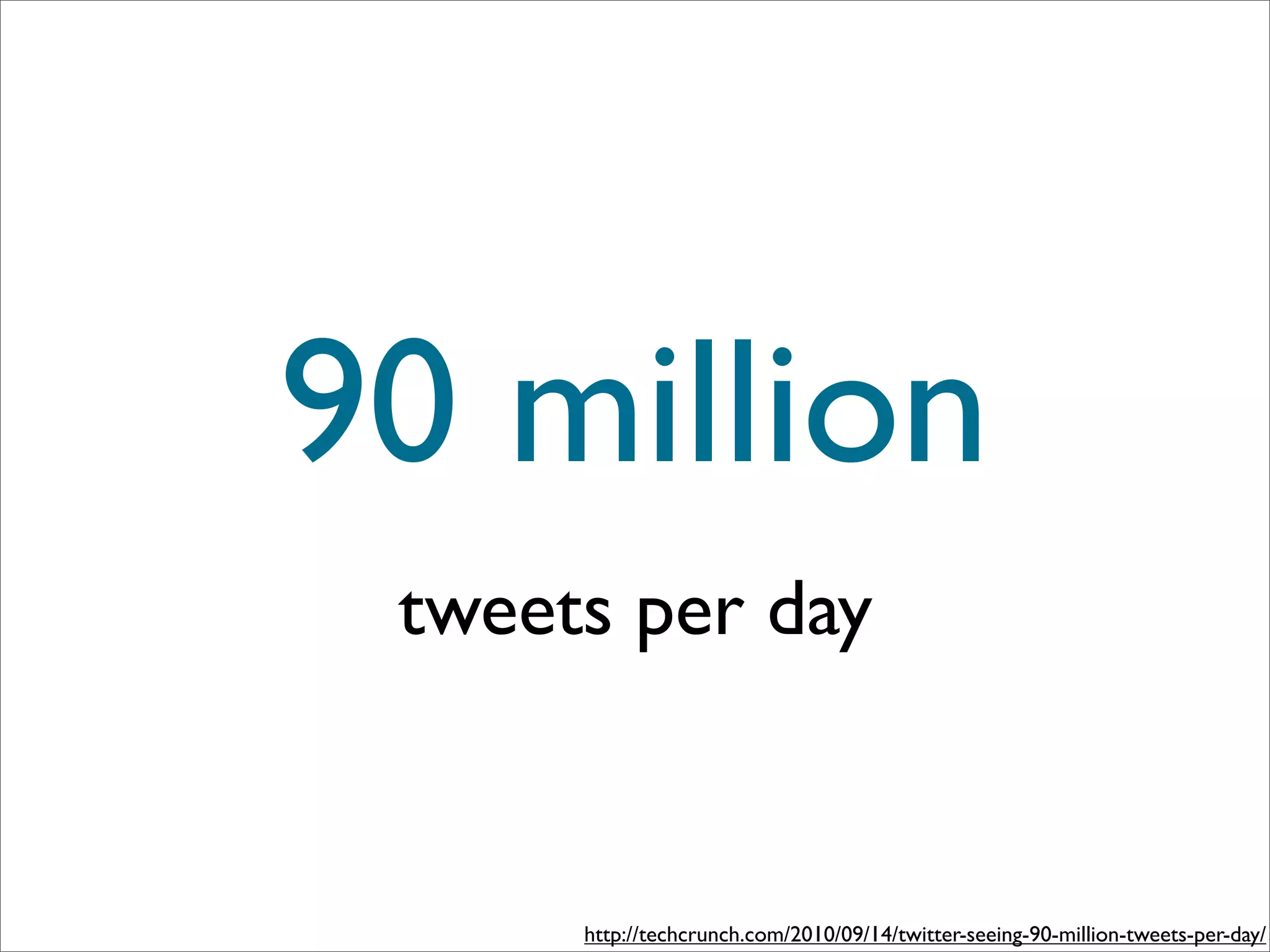 90 million
 tweets per day


      http://techcrunch.com/2010/09/14/twitter-seeing-90-million-tweets-per-day/
 