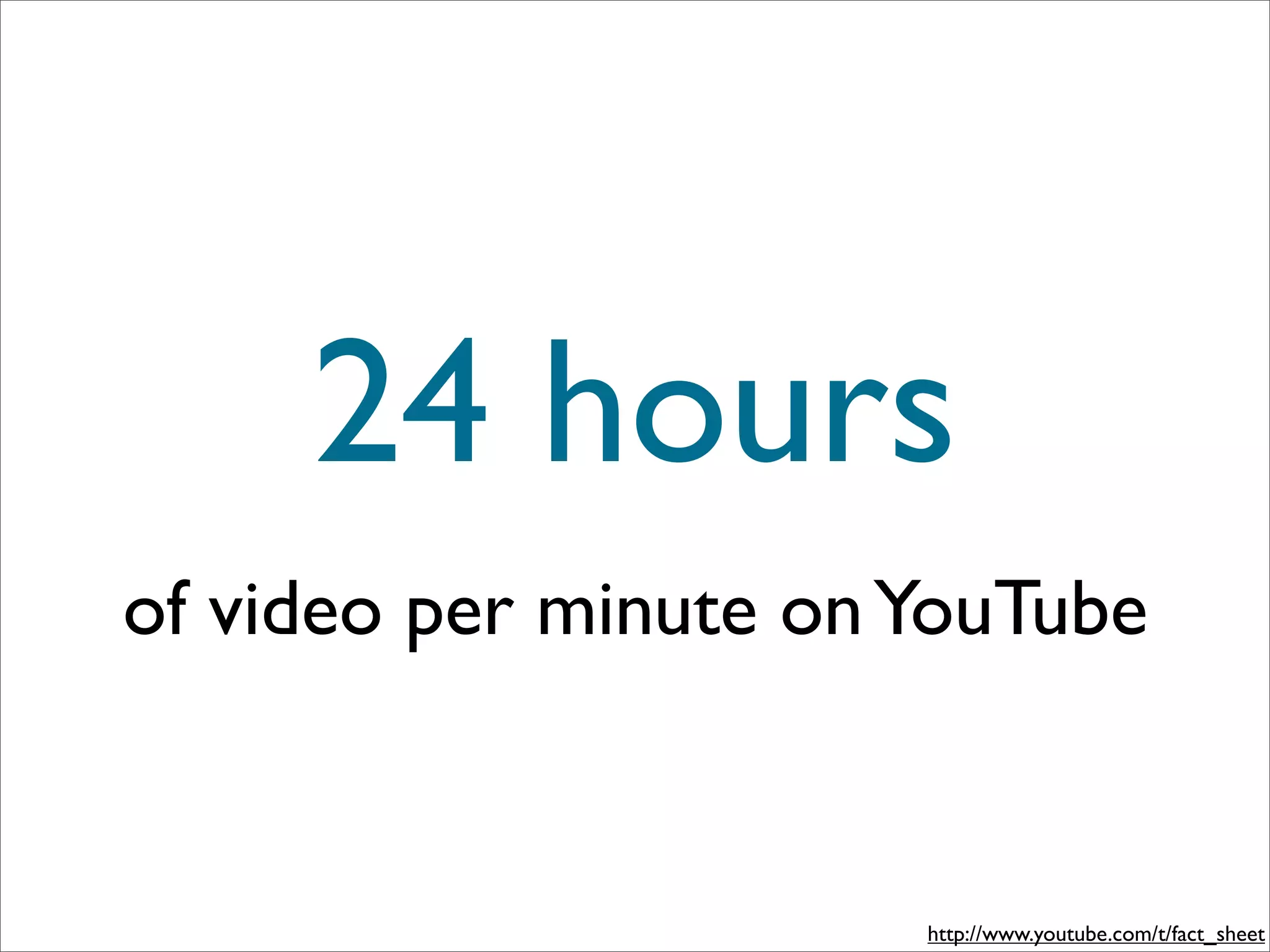 24 hours
of video per minute on YouTube


                       http://www.youtube.com/t/fact_sheet
 