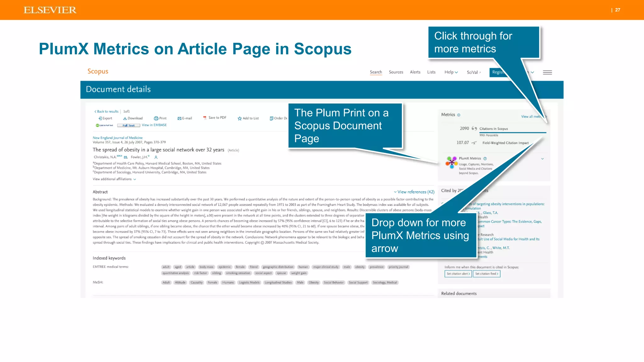 | 27
PlumX Metrics on Article Page in Scopus
The Plum Print on a
Scopus Document
Page
Drop down for more
PlumX Metrics using
arrow
Click through for
more metrics
 