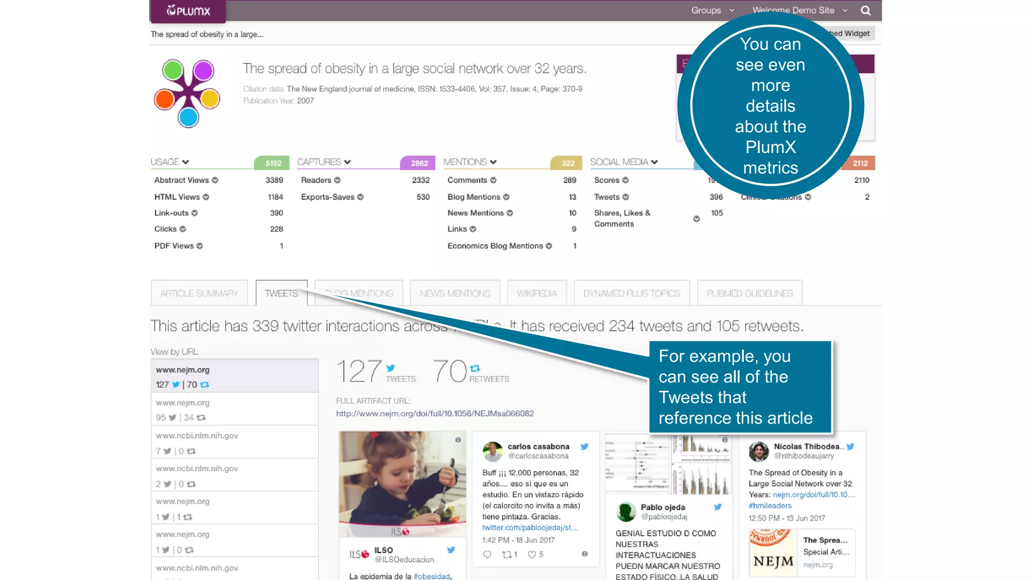 An example of
the Plum Print
in Pure
You can
see even
more
details
about the
PlumX
metrics
For example, you
can see all of the
Tweets that
reference this article
 
