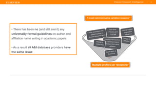 TITLE OF PRESENTATION
| 13
13|
• There has been no (and still aren’t) any
universally formal guidelines on author and
affiliation name writing in academic papers
• As a result all A&I database providers have
the same issue:
 