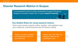 | 32
Elsevier Research Metrics in Scopus
A comprehensive suite of metrics embedded throughout Scopus is
designed to provide a better view of users research interests.
When used correctly, research metrics together with qualitative input
give a balanced, multi-dimensional view for decision-making
Two Golden Rules for using research metrics
Always use both qualitative
and quantitative input into
your decisions
Always use more than one
research metric as the
quantitative input
 