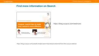 TITLE OF PRESENTATION
| 51
51|
Find more information on Search
https://blog.scopus.com/posts/6-simple-search-tips-lessons-learned-from-the-scopus-webinar
https://blog.scopus.com/webinars
 
