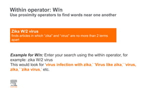 Zika W/2 virus
finds articles in which “zika" and “virus" are no more than 2 terms
apart
Within operator: W/n
Use proximity operators to find words near one another
Example for W/n: Enter your search using the within operator, for
example: zika W/2 virus
This would look for ‘virus infection with zika,’ ‘Virus like zika,’ ‘virus,
zika,’ ‘zika virus,’ etc.
 