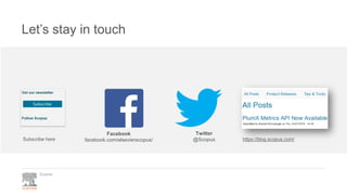 Scopus
Let’s stay in touch
Facebook
facebook.com/elsevierscopus/
Twitter
@Scopus https://blog.scopus.com/Subscribe here
 