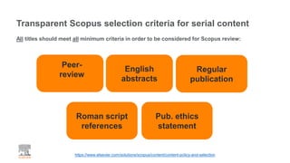 Transparent Scopus selection criteria for serial content
Peer-
review
English
abstracts
Regular
publication
Roman script
references
Pub. ethics
statement
https://www.elsevier.com/solutions/scopus/content/content-policy-and-selection
All titles should meet all minimum criteria in order to be considered for Scopus review:
 