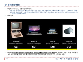 UI Eevolution


UI (User Interface, 사용자 인터페이스)


사용자와 시스템이라는 두 측면의 사이에서 둘 간의 상호 작용이 원활하게 이루어지도록 돕는 장치나 소프트웨어. 휴대전
화의 액정 화면이나 단추는 물론 ‘글’ 소프트웨어에서 사용자가 조작하는 메뉴나 체제 등이 모두 사용자 인터페이스에 속한
다. (출처 : 네이버 지식백과)



UI 발전사



UUI 외에 BCI(Brain Computer Interface, 브레인 컴퓨터 인터페이스 or BMI)로도 발전하고 있음. BCI는 뇌의 움직
임과 생각할 때 발생하는 뇌파를 이용해 제어하는 인터페이스로 1970년대부터 연구되고 있음.

14

NUI / WD / IR 기술동향 및 전망

 