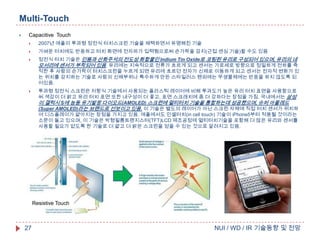 Multi-Touch


Capacitive Touch


2007년 애플이 투과형 정전식 터치스크린 기술을 채택하면서 유명해진 기술



가벼운 터치에도 반응하고 터치 화면에 전자파가 입력됨으로써 손가락을 감지(근접 센싱 기술)할 수도 있음





정전식 터치 기술은 인듐과 산화주석의 전도성 화합물인 Indium Tin Oxide로 코팅된 유리로 구성되어 있으며, 유리의 네
모서리에 센서가 부착되어 있음. 유리에는 지속적으로 전류가 흐르게 되고 센서는 가로세로 방향으로 정밀하게 전하를 축
적한 후 사람의 손가락이 터치스크린을 누르게 되면 유리에 흐르던 전자가 신체로 이동하게 되고 센서는 전자적 변화가 있
는 위치를 감지하는 기술로 사람의 신체부위나 특수하게 만든 스타일러스 펜외에는 무생물체에는 반응을 하지 않도록 되
어있음.
투과형 정전식 스크린은 저항식 기술에서 사용되는 플라스틱 레이어에 비해 투과도가 높은 유리 터치 표면을 사용함으로
써 색감이 더 밝고 유리 터치 표면 또한 내구성이 더 좋고, 표면 스크래치에 좀 더 강하다는 장점을 가짐. 국내에서는 삼성
이 갤럭시 S에 능동 유기발광 다이오드(AMOLED) 스크린에 멀티터치 기술을 통합하는데 성공했으며, 슈퍼 아몰레드
(Super AMOLED)라는 브랜드로 선보이고 있음. 이 기술은 별도의 레이어가 아닌 스크린 자체에 직접 터치 센서가 위치하
여 디스플레이가 얇아지는 장점을 가지고 있음. 애플에서도 인셀터치(in cell touch) 기술이 iPhone5부터 적용될 것이라는
소문이 돌고 있으며, 이 기술은 박형필름트랜지스터(TFT)LCD 제조공정에 멀티터치기술을 포함해 더 많은 유리와 센서를
사용할 필요가 없도록 한 기술로 더 얇고 더 밝은 스크린을 얻을 수 있는 것으로 알려지고 있음.

Resistive Touch

27

NUI / WD / IR 기술동향 및 전망

 