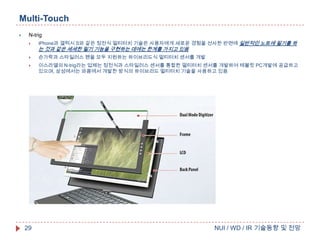 Multi-Touch


N-trig


iPhone과 갤럭시 S와 같은 정전식 멀티터치 기술은 사용자에게 새로운 경험을 선사한 반면에 일반적인 노트에 필기를 하



손가락과 스타일러스 펜을 모두 지원하는 하이브리드식 멀티터치 센서를 개발



이스라엘의 N-trig라는 업체는 정전식과 스타일러스 센서를 통합한 멀티터치 센서를 개발하여 테블릿 PC개발에 공급하고
있으며, 삼성에서는 와콤에서 개발한 방식의 하이브리드 멀티터치 기술을 사용하고 있음

29

는 것과 같은 세세한 필기 기능을 구현하는 데에는 한계를 가지고 있음

NUI / WD / IR 기술동향 및 전망

 