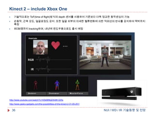 Kinect 2 – include Xbox One


기술적으로는 ToF(time of flight)방식의 depth 센서를 사용하여 기존보다 더욱 정교한 동작센싱이 가능



손동작, 근육 강도, 얼굴표정도 감지. 또한 얼굴 피부의 미세한 혈류변화에 의한 적외선의 반사를 감지하여 맥박까지
측정



최대6명까지 tracking하며, 내년에 윈도우용으로도 출시 예정

http://www.youtube.com/watch?v=Hi5kMNfgDS4#t=225s
http://www.geeky-gadgets.com/the-possibilities-of-the-kinect-2-31-05-201/

36

NUI / WD / IR 기술동향 및 전망

 