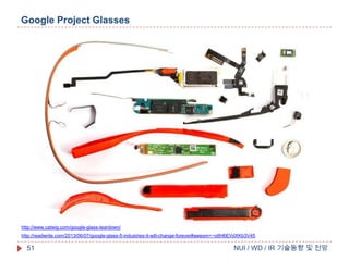 Google Project Glasses

http://www.catwig.com/google-glass-teardown/
http://readwrite.com/2013/06/07/google-glass-5-industries-it-will-change-forever#awesm=~o8H6EVdXKb3V45

51

NUI / WD / IR 기술동향 및 전망

 