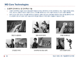 WD Core Technologies


입·출력 인터페이스 및 인터랙션 기술


사용자 인터랙션 기술은 인간의 음성/동작 등을 인식하고 해석하여 기기와 인터페이스 하는 기술로 현재는 음성,
터치, 제스처, 상황인식 등의 기술이 있으나, 터치를 제외하고는 아직 기술적 완성도가 낮아 사용이 불편함



동작 인식의 경우 센서나 장치를 부착하여 이용하는 접촉식 방식과 카메라를 이용하여 영상 분석을 통해 인식하
는 비접촉식 방식이 있음. 또한 사용자에게 촉감을 전달하기 위한 햅틱 기술들이 개발되고 있음

62

NUI / WD / IR 기술동향 및 전망

 