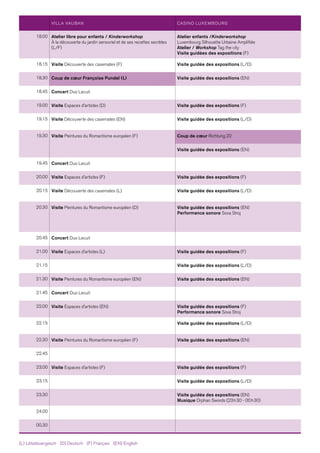 VILLA VAUBAN CASINO LUXEMBOURG
18.00 Atelier libre pour enfants / Kinderworkshop
À la découverte du jardin sensoriel et de ses recettes secrètes
(L/F)
Atelier enfants /Kinderworkshop
Luxembourg Silhouette Urbaine Amplifiée
Atelier / Workshop Tag the city
Visite guidées des expositions (F)
18.15 Visite Découverte des casemates (F) Visite guidée des expositions (L/D)
18.30 Coup de cœur Françoise Pundel (L) Visite guidée des expositions (EN)
18.45 Concert Duo Lecuit
19.00 Visite Espaces d'artistes (D) Visite guidée des expositions (F)
19.15 Visite Découverte des casemates (EN) Visite guidée des expositions (L/D)
19.30 Visite Peintures du Romantisme européen (F) Coup de cœur Richtung 22
Visite guidée des expositions (EN)
19.45 Concert Duo Lecuit
20.00 Visite Espaces d'artistes (F) Visite guidée des expositions (F)
20.15 Visite Découverte des casemates (L) Visite guidée des expositions (L/D)
20.30 Visite Peintures du Romantisme européen (D) Visite guidée des expositions (EN)
Performance sonore Sova Stroj
20.45 Concert Duo Lecuit
21.00 Visite Espaces d'artistes (L) Visite guidée des expositions (F)
21.15 Visite guidée des expositions (L/D)
21.30 Visite Peintures du Romantisme européen (EN) Visite guidée des expositions (EN)
21.45 Concert Duo Lecuit
22.00 Visite Espaces d'artistes (EN) Visite guidée des expositions (F)
Performance sonore Sova Stroj
22.15 Visite guidée des expositions (L/D)
22.30 Visite Peintures du Romantisme européen (F) Visite guidée des expositions (EN)
22.45
23.00 Visite Espaces d'artistes (F) Visite guidée des expositions (F)
23.15 Visite guidée des expositions (L/D)
23.30 Visite guidée des expositions (EN)
Musique Orphan Swords (23 h 30 - 00 h 30)
24.00
00.30
(L) Lëtzebuergesch   (D) Deutsch   (F) Français   (EN) English
 