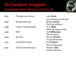  1875 Plongée sous-marine Jules Verne
20 000 lieues sous les mers
 1895 Bombe atomique Robert Cromie
The Crack of Doom
 1899 Lecteur vidéo portable H. G. Wells
When the sleeper wakes
 1936 GPS Jack Williamson
The Cometeers
 1946 Internet Murray Leinster
A Logic NamedJoe
 1951 Livre électronique Isaac Asimov
The FunThey Have
 1960 Timbre transdermique Phillip K. Dick
Vulcan’s Hammer
 