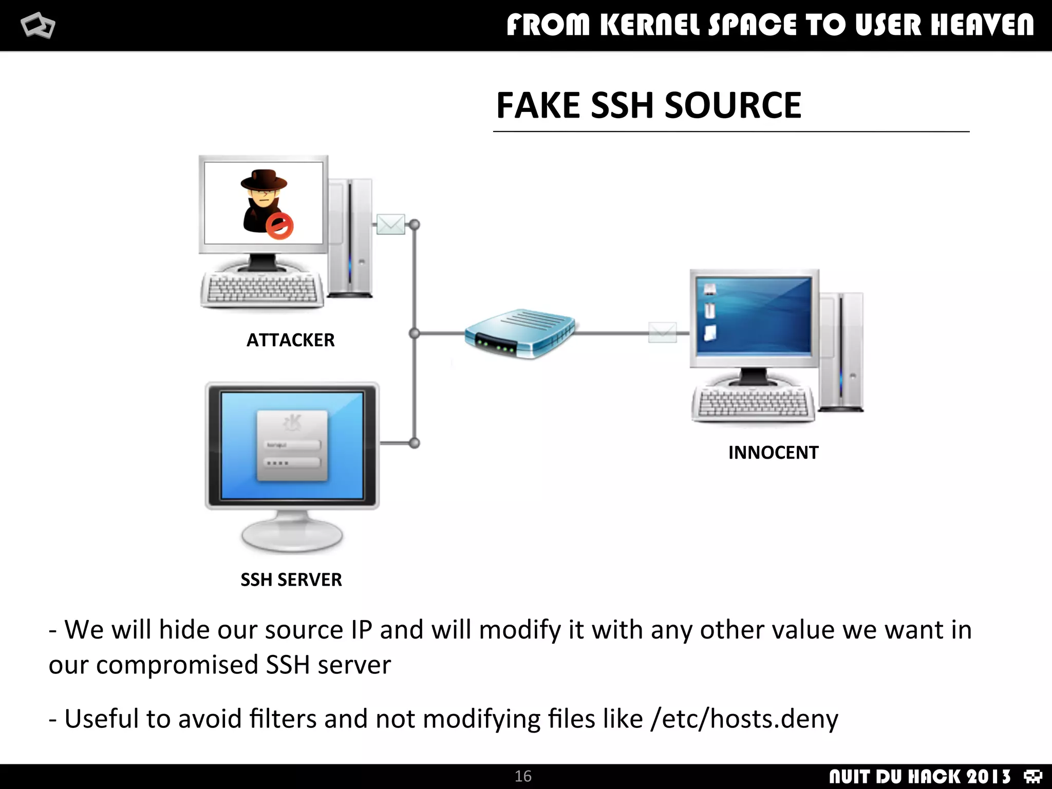 TRACEROUTE	
  FAKING
UDP	
  TTL=1ICMP	
  TIME	
  
EXCEEDED
ICMP	
  TIME	
  
EXCEEDED
UDP	
  TTL=2
ICMP	
  TIME	
  
EXCEEDED
UDP	
  TTL=3
ICMP	
  PORT
UNREACHABLE
UDP	
  TTL=4
Router	
  Hop
Router	
  Hop Router	
  Hop
Router	
  Hop Router	
  Hop Router	
  Hop
Router	
  Hop Router	
  Hop Router	
  Hop DESTINATIONSOURCE
SOURCE
SOURCE
SOURCE
If	
  the	
  internet	
  packet	
  has	
  a	
  TTL	
  of	
  0	
  
aNer	
  decrement,	
  that	
  packet	
   must	
  
not	
   be	
   passed	
   on	
   and	
   a	
   Internet	
  
Control	
  Messaging	
  Protocol	
  (ICMP)	
  
Time	
   Exceeded	
   in	
   transit	
   is	
  
returned	
  to	
  the	
  packets	
  origin.	
  
How	
  i	
  met	
  your	
  packetFrom	
  kernel	
  Space	
  to	
  user	
  Heaven
16
How	
  i	
  met	
  your	
  packetFrom	
  kernel	
  Space	
  to	
  user	
  HeavenFROM KERNEL SPACE TO USER HEAVEN
NUIT DU HACK 2013
 