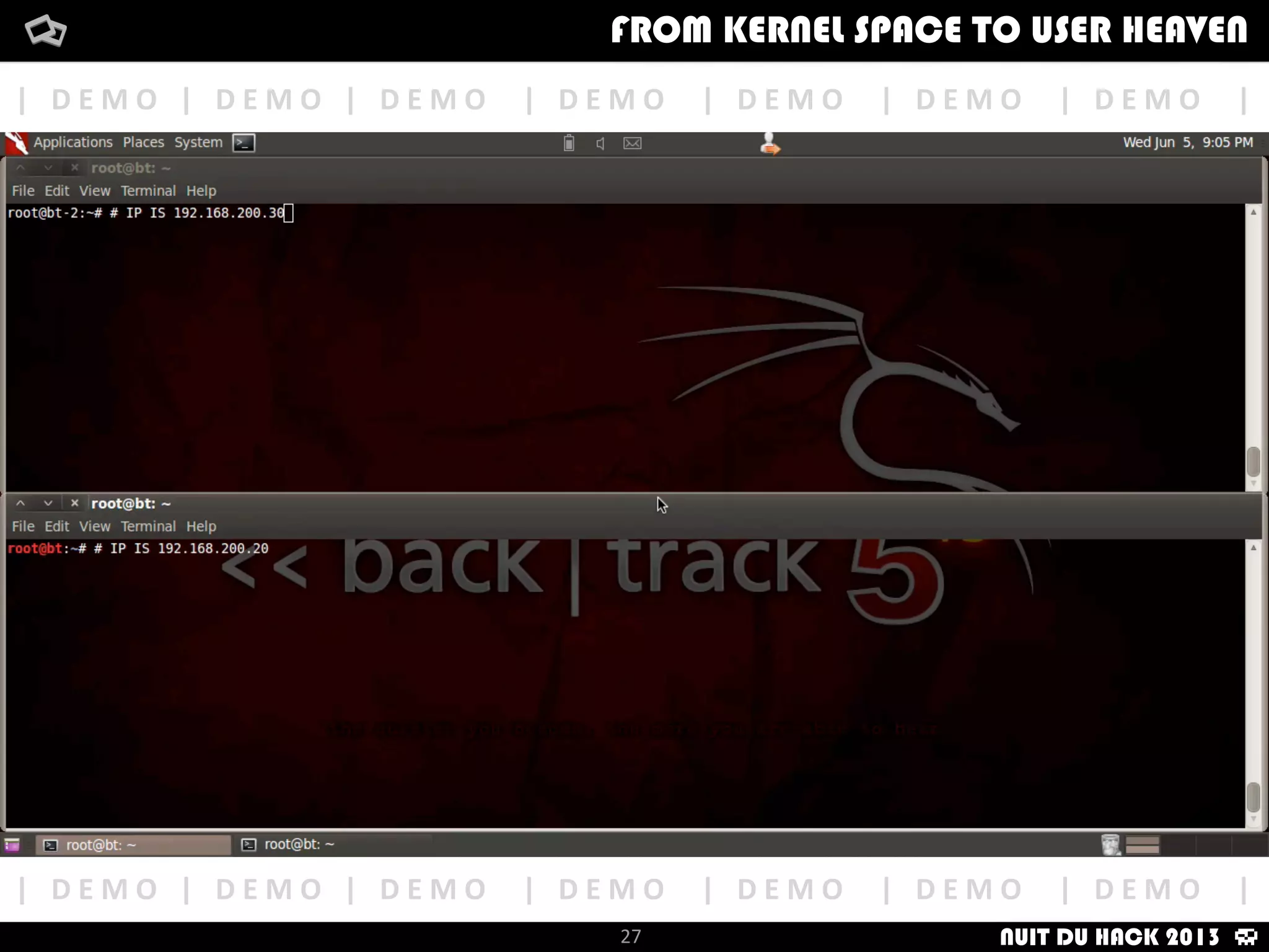 PASSIVE	
  OS	
  FINGERPRINTING
How	
  i	
  met	
  your	
  packetFrom	
  kernel	
  Space	
  to	
  user	
  Heaven
27
How	
  i	
  met	
  your	
  packetFrom	
  kernel	
  Space	
  to	
  user	
  HeavenFROM KERNEL SPACE TO USER HEAVEN
-­‐	
  p0f	
  is	
  a	
  tool	
  that	
  u:lizes	
  an	
  array	
  of	
  sophis:cated,	
  purely	
  passive,	
  traﬃc	
  ﬁngerprin:ng	
  
mechanisms	
  to	
  iden:fy	
  the	
  players	
  behind	
  any	
  iniDal	
  TCP/IP	
  communicaDon	
  (o_en	
  as	
  
lille	
  as	
  a	
  single	
  normal	
  SYN)	
  without	
  interfering	
  in	
  any	
  way.
-­‐	
  There	
  are	
  other	
  tools	
  like	
  Elercap,	
  NetworkMiner,	
  PRADS,	
  Satori	
  or	
  PacketFence.
-­‐	
  Passive	
  ﬁngerprin:ng	
  is	
  like	
  a	
  packet	
  sniﬀer.	
  Examines	
  
network	
  traﬃc,	
  making	
  a	
  copy	
  of	
  the	
  data	
   but	
   without	
  
redirec:ng	
  or	
  altering	
  it.
-­‐	
  Can	
  be	
  used	
  for	
  several	
  purposes:
1.	
  As	
  stealthy	
  ﬁngerprinDng,	
  bypassing	
  the	
  need	
  for	
  
using	
  an	
  ac:ve	
  tool	
  that	
  can	
  be	
  detected	
  by	
  various	
  
IDS	
  systems.
2.	
  To	
  idenDfy	
  remote	
  proxy	
  ﬁrewalls.	
  
3.	
  Organiza:ons	
  can	
  use	
  it	
  to	
  idenDfy	
  rogue	
  systems	
  
on	
  their	
  network.
NUIT DU HACK 2013
Sniﬀer
 